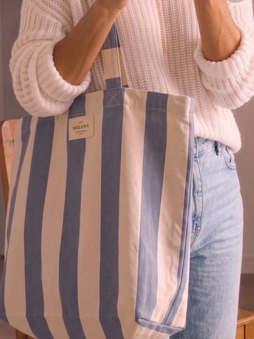 Sezane blue stripes summer beach tote bag - Picture 4 of 8
